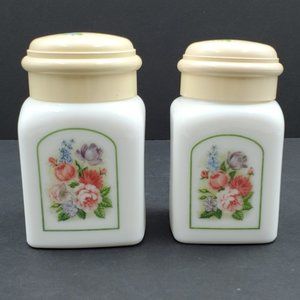 Avon Country Garden Charisma White Milk Glass Powder Jars Floral Canisters
